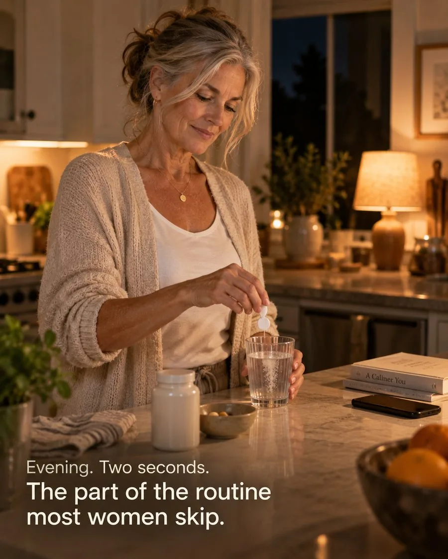 Woman in warm kitchen light dropping magnesium into a glass of water as part of her evening routine