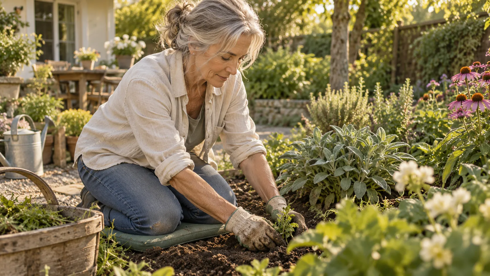 Woman tending her garden with steady focus and ease